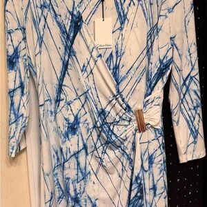 Calvin Klein White and Blue Abstract Wrap Long Sleeve Dress